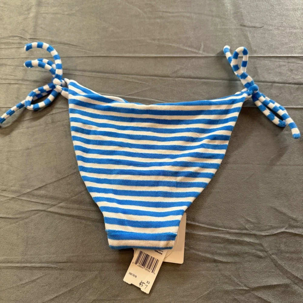 Peixoto Womens Terry Amore Tonie Bikini Bottom XS Blue White Striped Side Tie - Picture 2 of 8